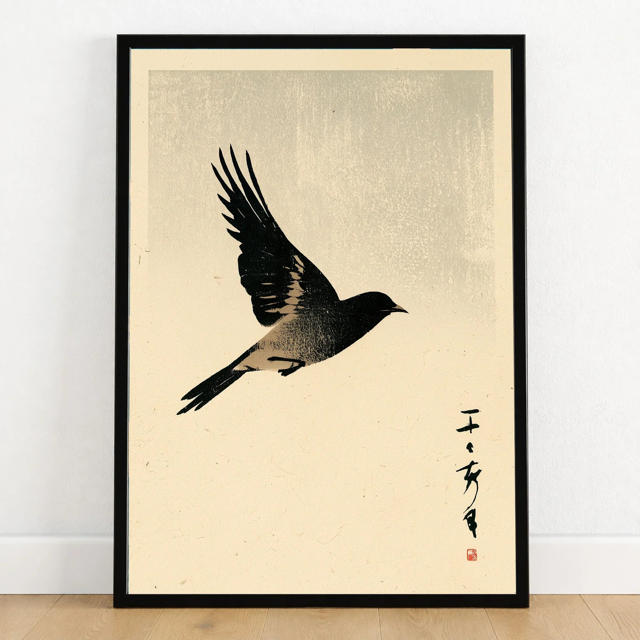 Vintage Japanese Bird Art Print – Ukiyo-e Inspired Wall Art — art print in black frame on wooden floor