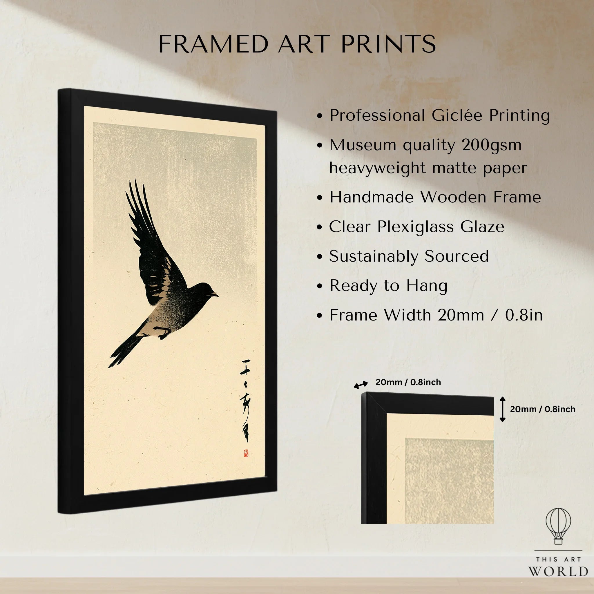 Vintage Japanese Bird Art Print – Ukiyo-e Inspired Wall Art — framed print details measurements quality details
