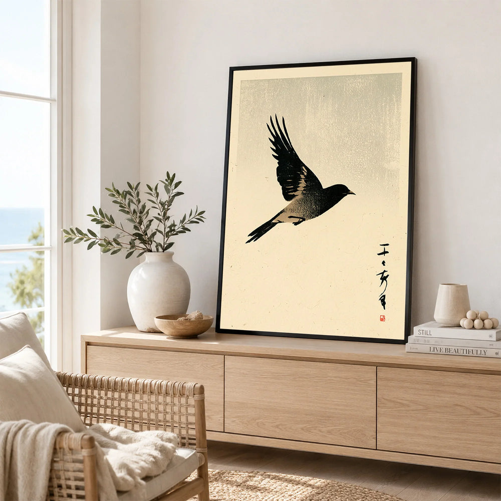 Vintage Japanese Bird Art Print – Ukiyo-e Inspired Wall Art — framed artwork living room lifestyle setting