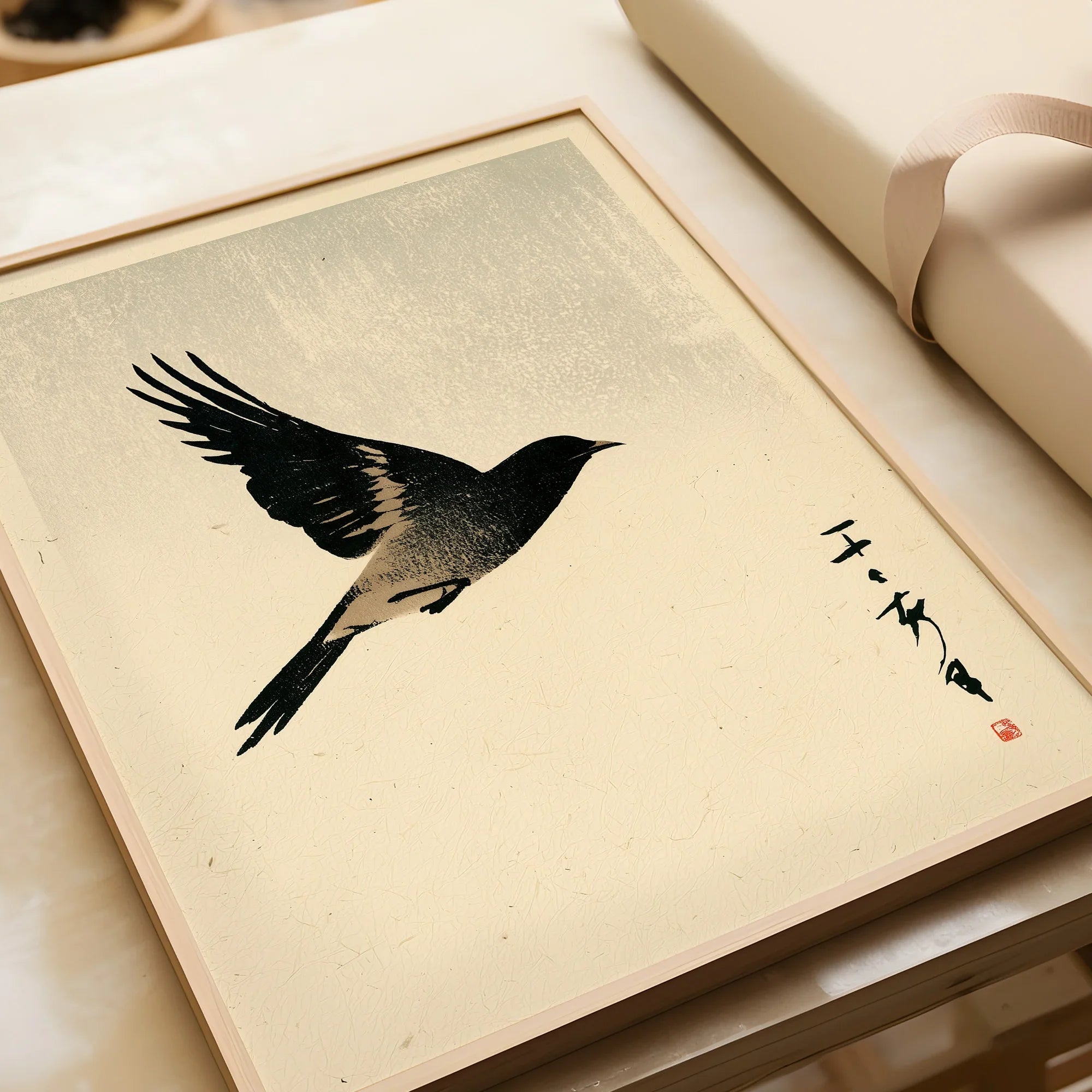Vintage Japanese Bird Art Print – Ukiyo-e Inspired Wall Art — framed art print closeup gift unwrapped natural frame