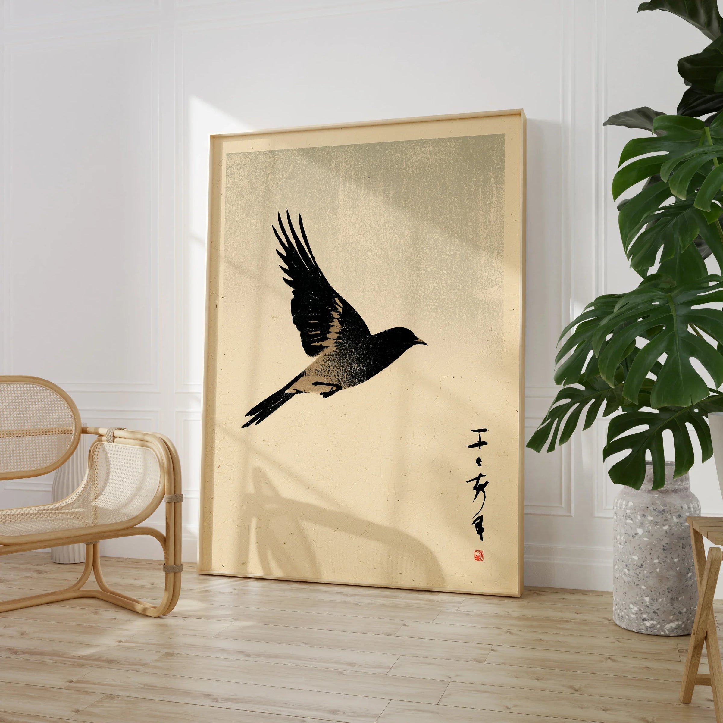Vintage Japanese Bird Art Print – Ukiyo-e Inspired Wall Art — large framed print room setting chair plant