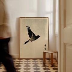 Vintage Japanese Bird Art Print – Ukiyo-e Inspired Wall Art — framed canvas on floor man walking past
