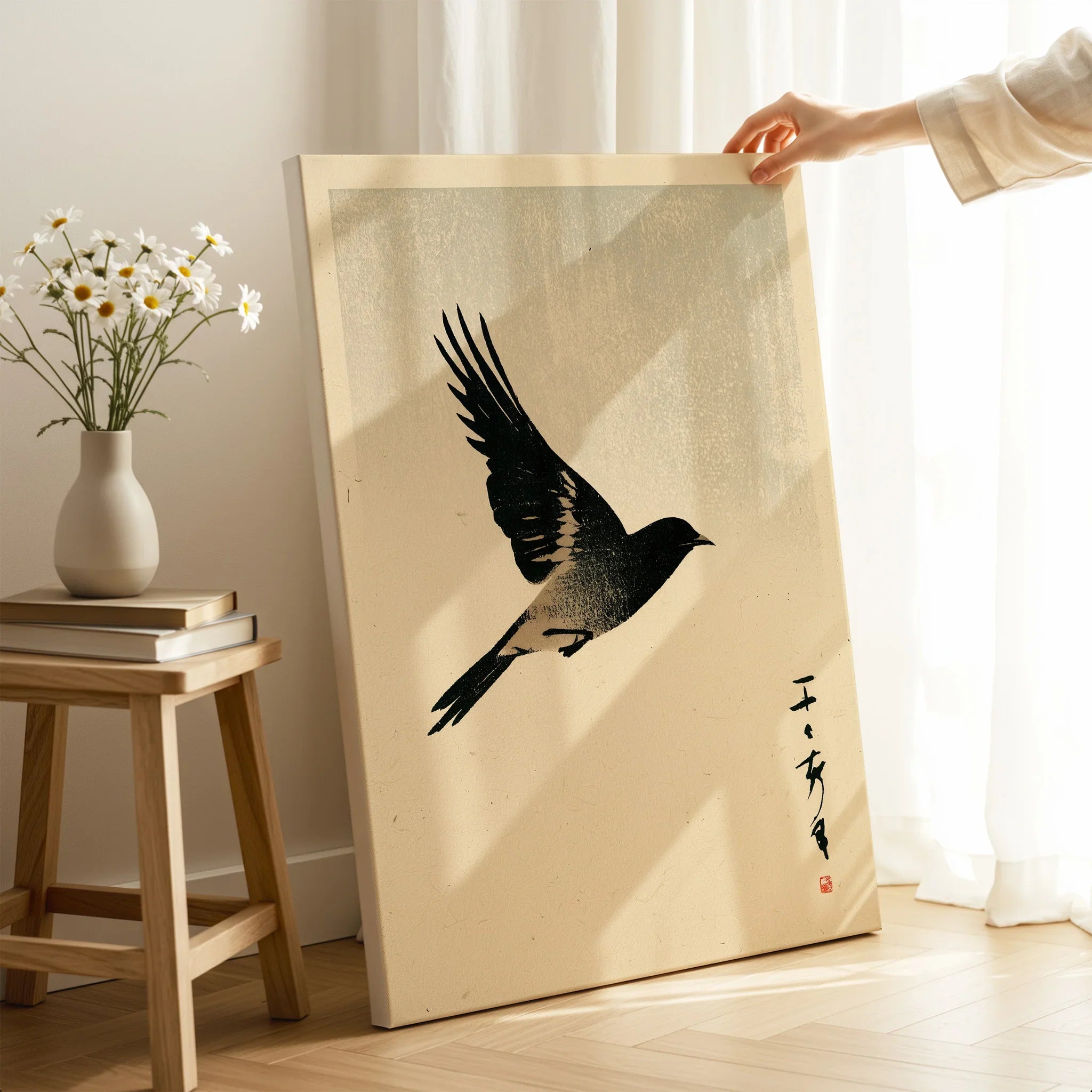 Vintage Japanese Bird Art Print – Ukiyo-e Inspired Wall Art — canvas print mirror edge hand holding room setting