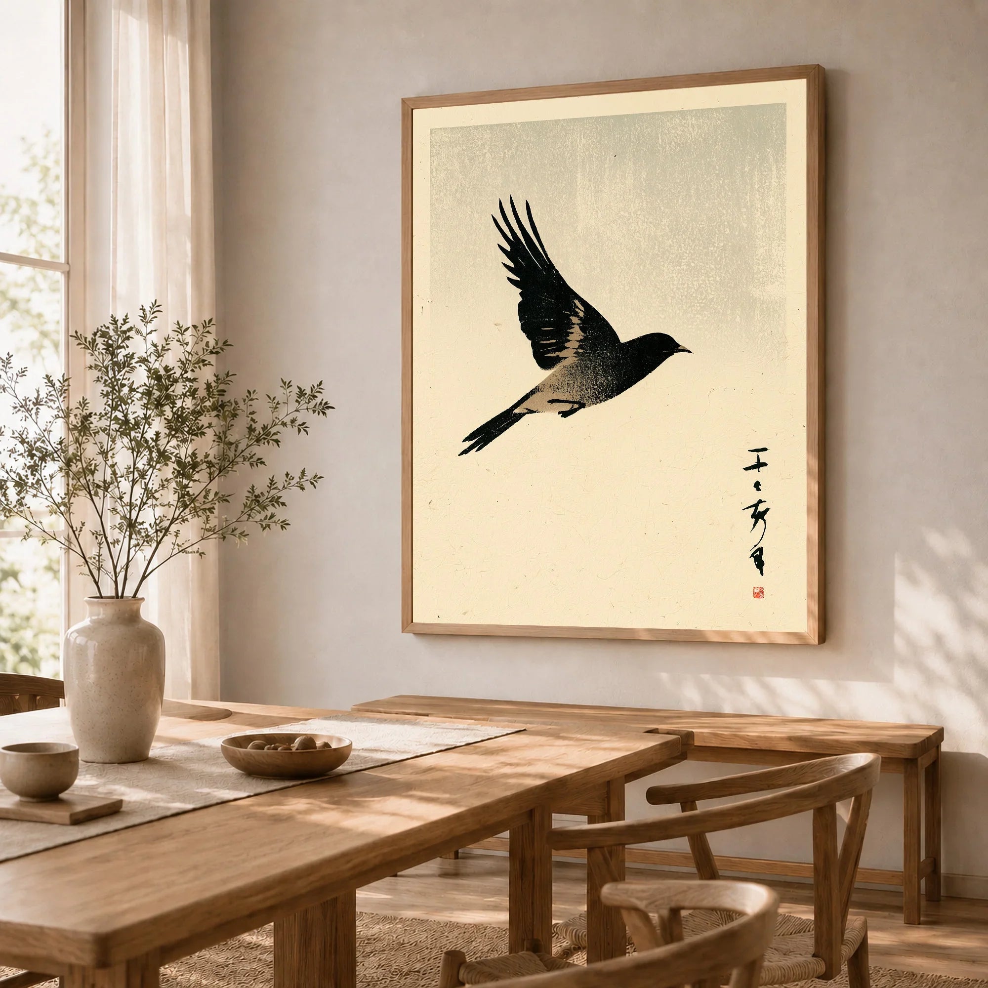 Vintage Japanese Bird Art Print – Ukiyo-e Inspired Wall Art — dining room framed print natural wood frame