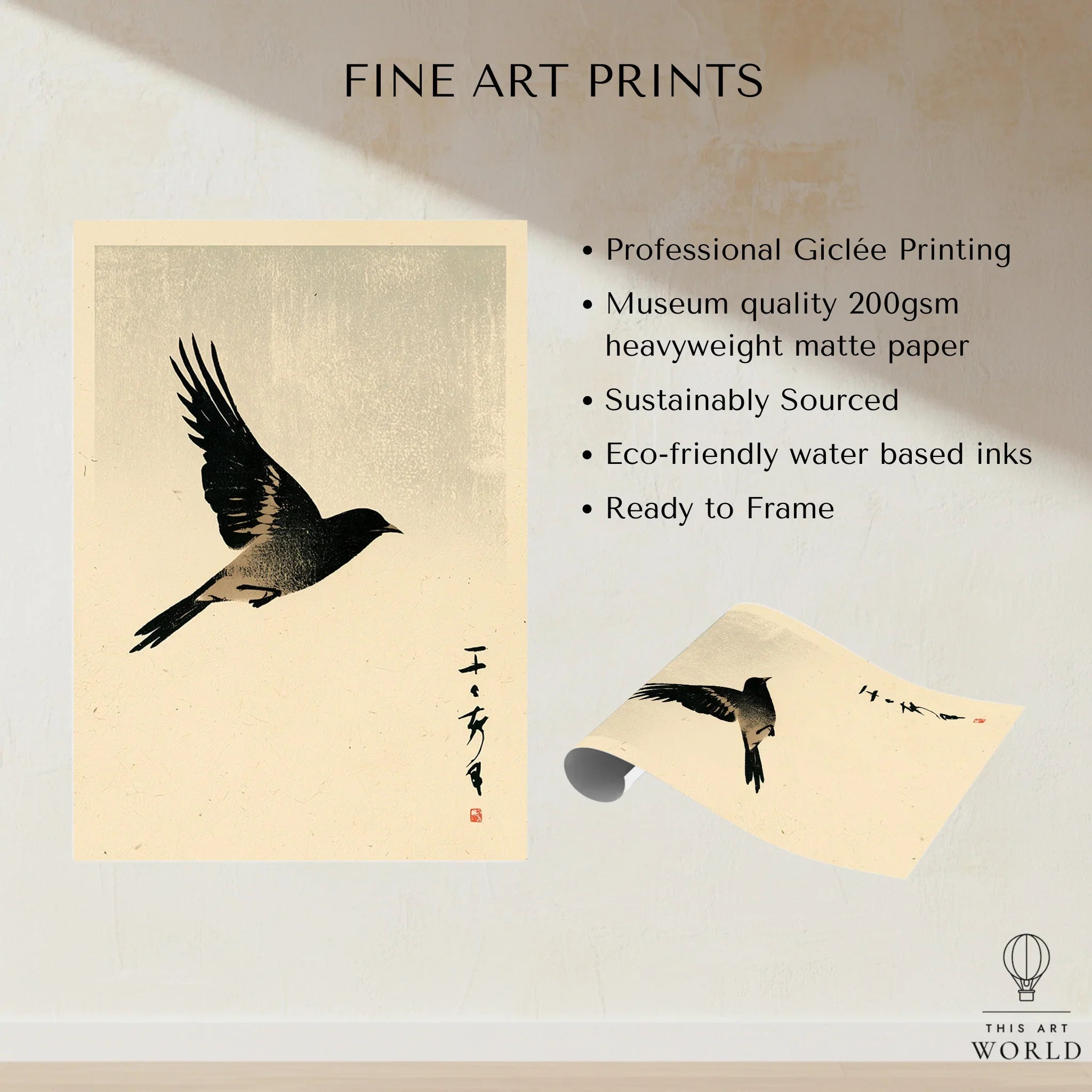 Vintage Japanese Bird Art Print – Ukiyo-e Inspired Wall Art — fine art print unframed quality details