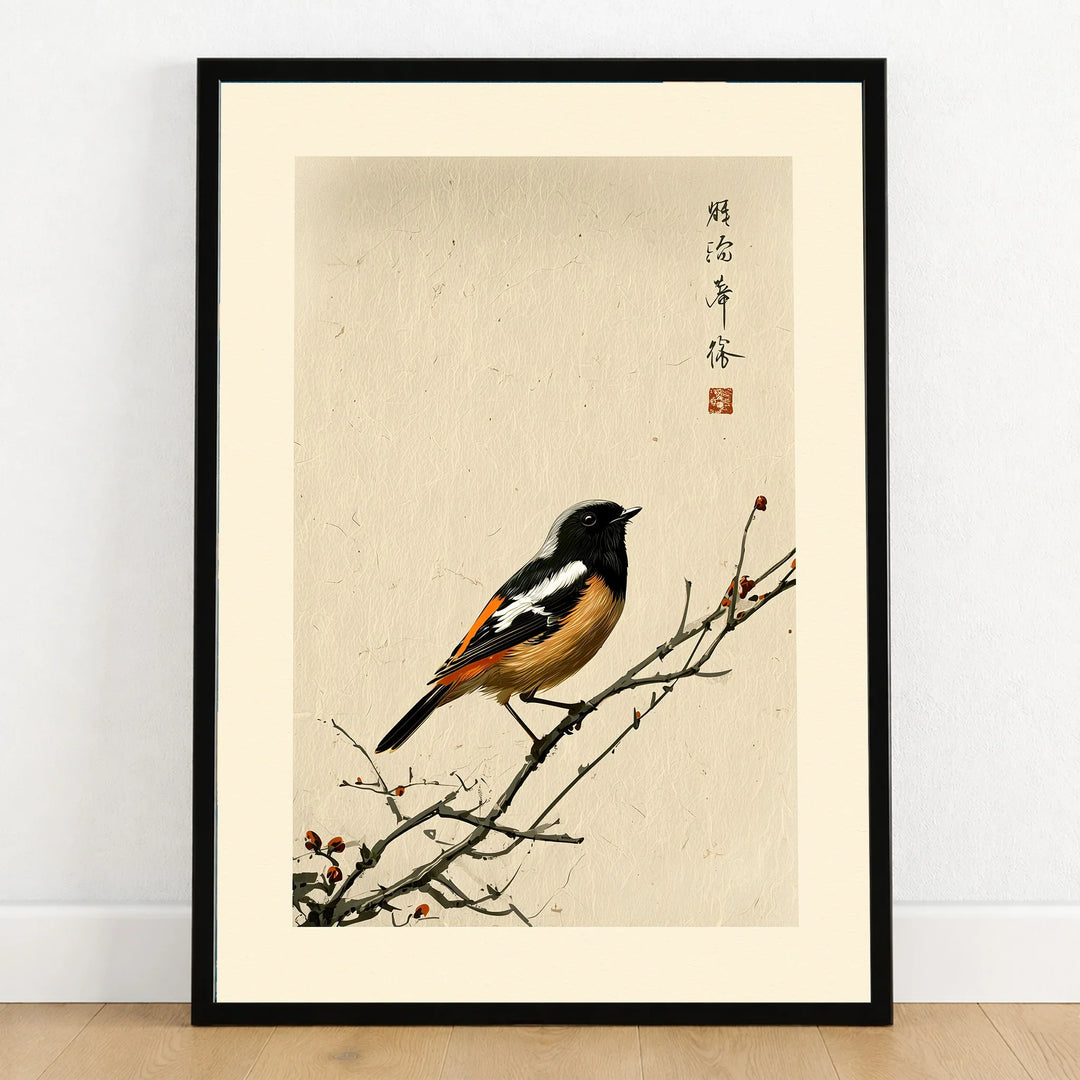 Japanese Bird Wall Art – Vintage Japanese Nature Print — art print in black frame on wooden floor
