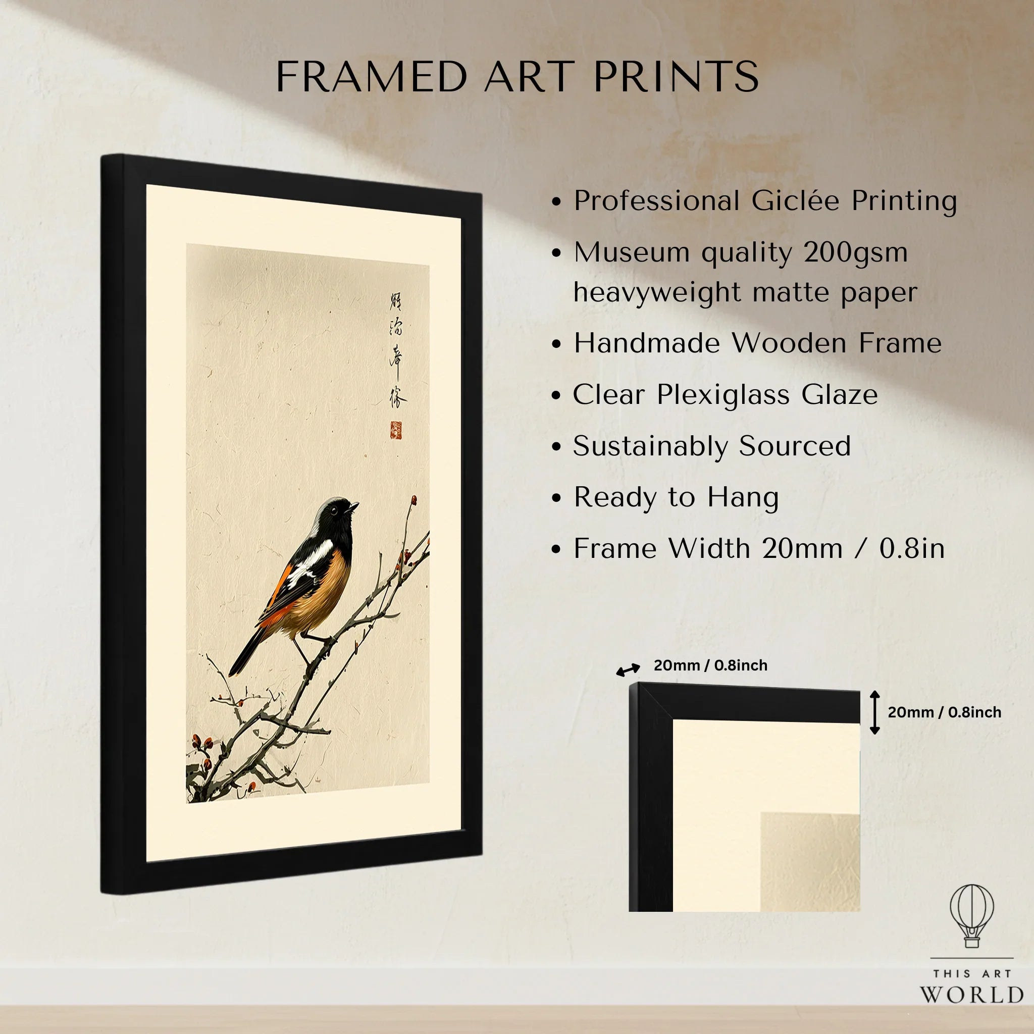 Japanese Bird Wall Art – Vintage Japanese Nature Print — framed print details measurements quality details