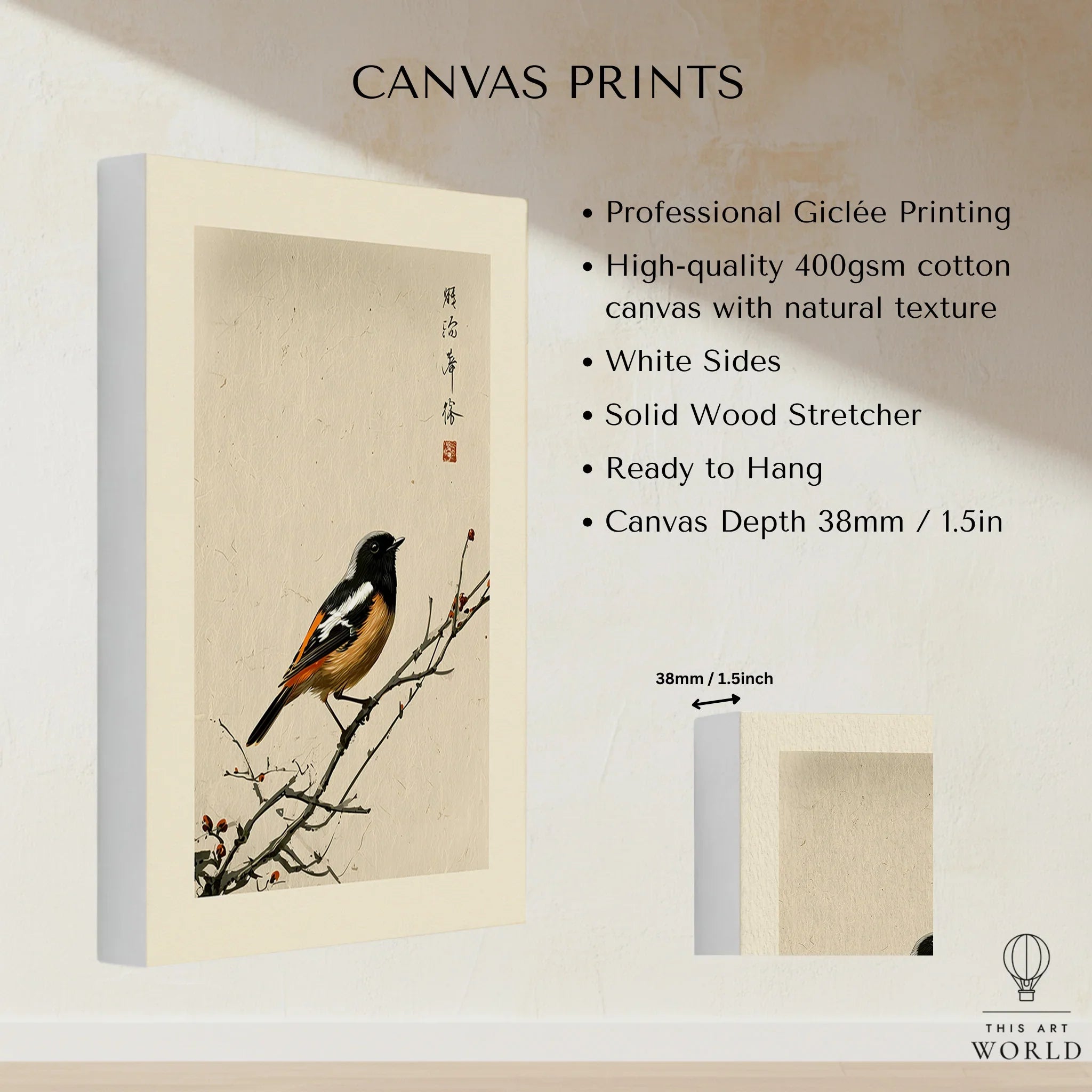 Japanese Bird Wall Art – Vintage Japanese Nature Print — canvas print stretched cotton canvas details
