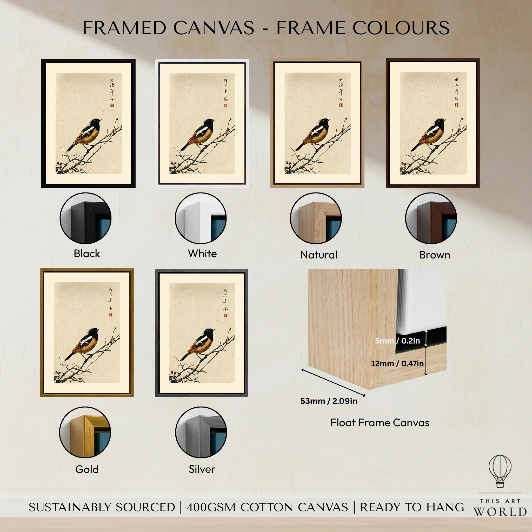 Japanese Bird Wall Art – Vintage Japanese Nature Print — framed canvas float frame colour options