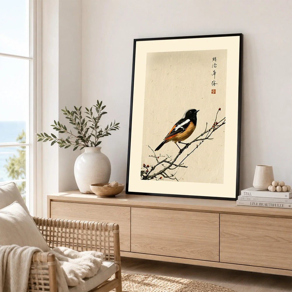 Japanese Bird Wall Art – Vintage Japanese Nature Print — framed artwork living room lifestyle setting