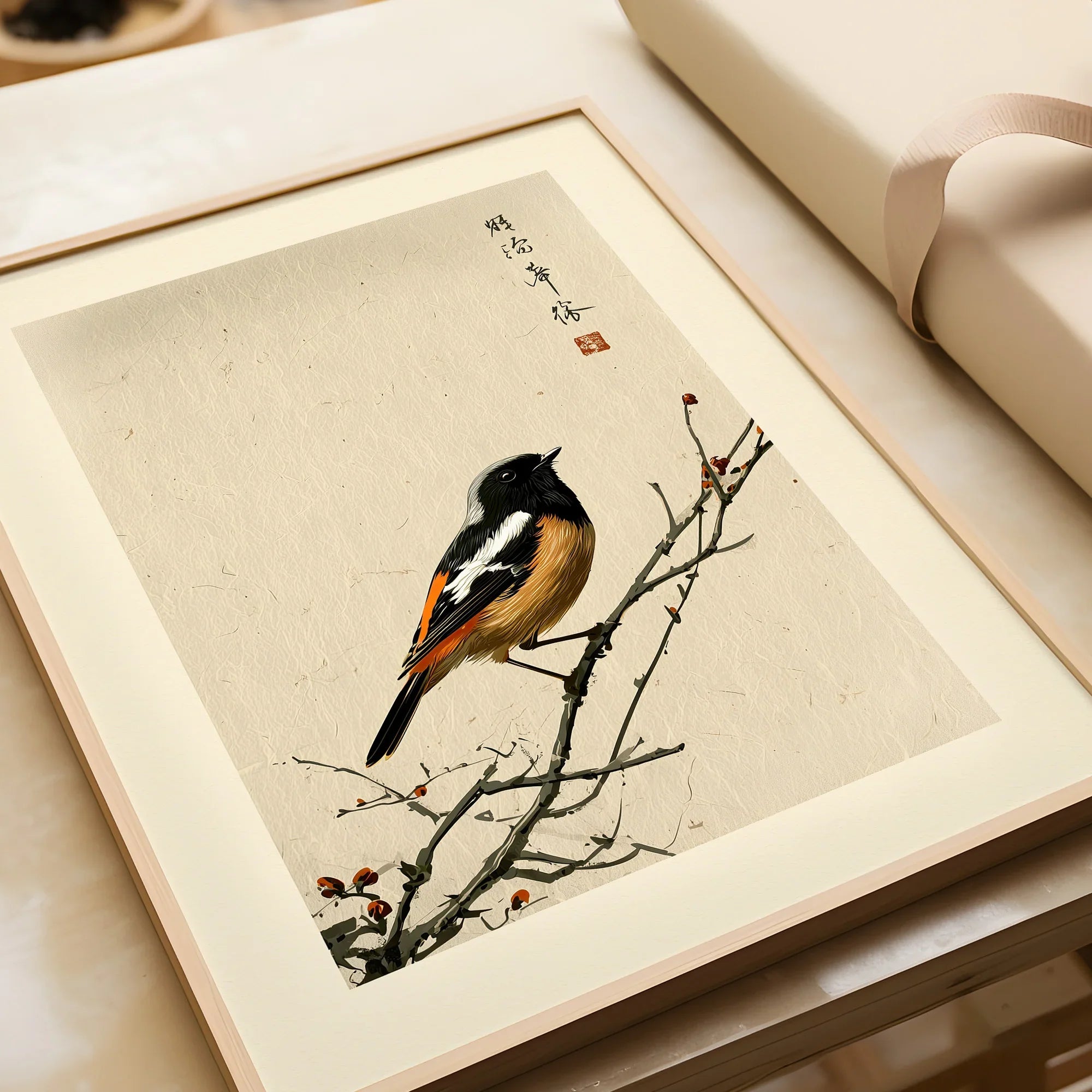 Japanese Bird Wall Art – Vintage Japanese Nature Print — framed art print closeup gift unwrapped natural frame
