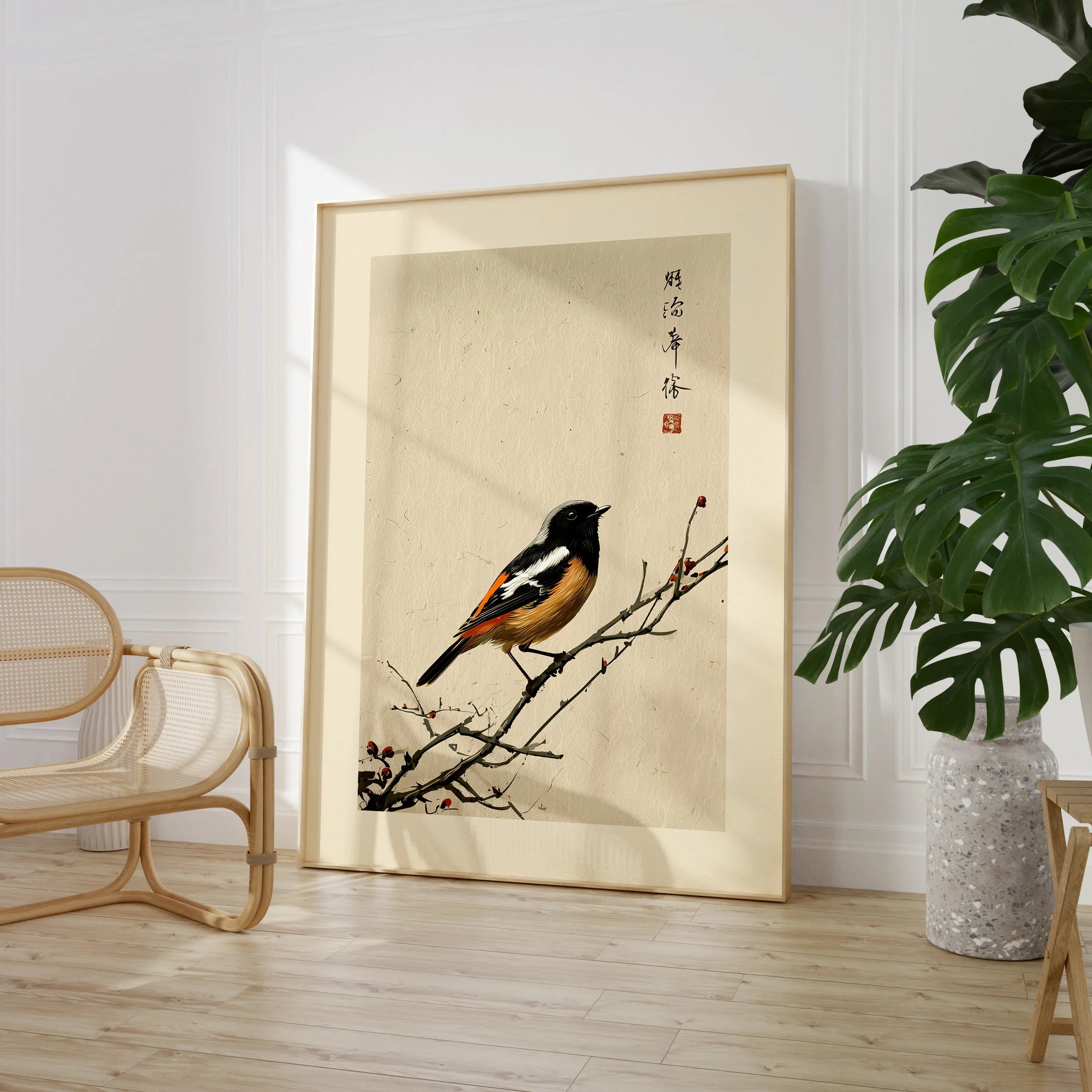 Japanese Bird Wall Art – Vintage Japanese Nature Print — large framed print room setting chair plant