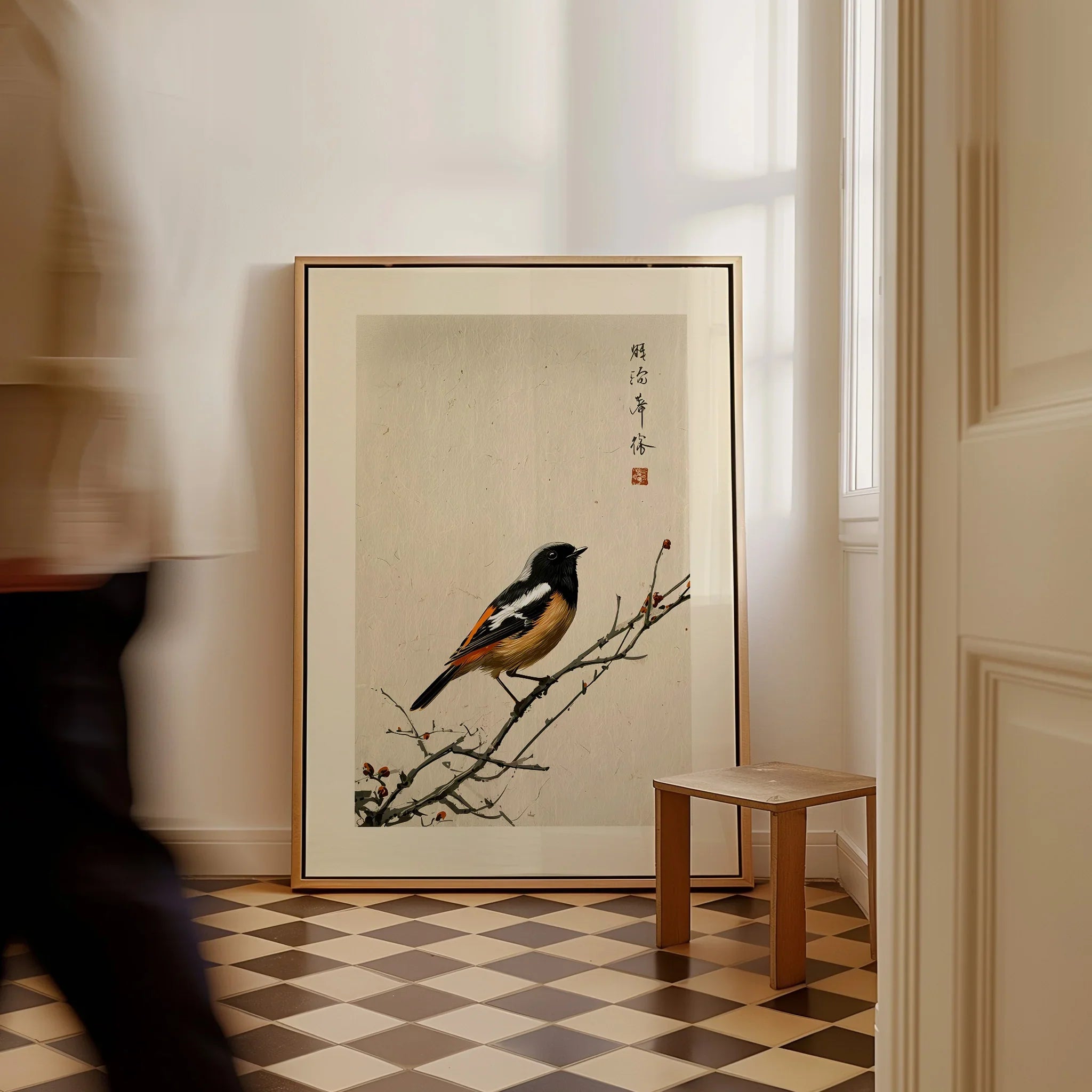 Japanese Bird Wall Art – Vintage Japanese Nature Print — framed canvas on floor man walking past