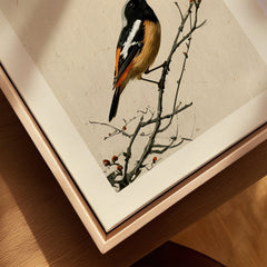 Japanese Bird Wall Art – Vintage Japanese Nature Print — closeup framed canvas natural wood floating frame