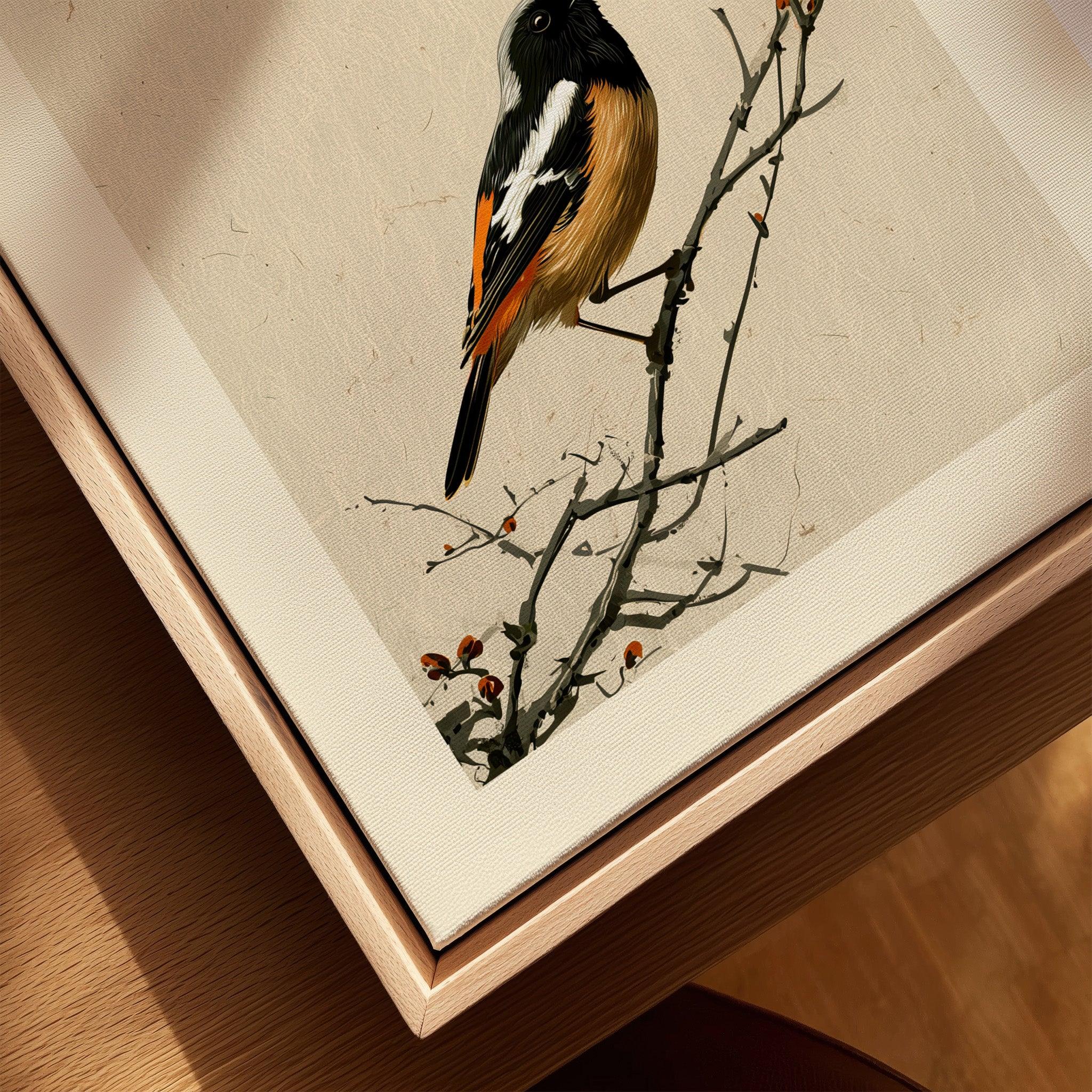 Japanese Bird Wall Art – Vintage Japanese Nature Print — closeup framed canvas natural wood floating frame