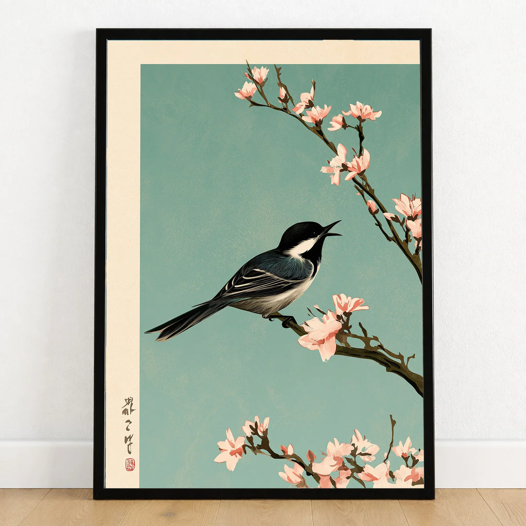 Japanese Bird & Blossom Art Print – Vintage Japan Wall Art — art print in black frame on wooden floor