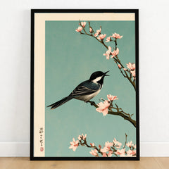 Japanese Bird & Blossom Art Print – Vintage Japan Wall Art — art print in black frame on wooden floor