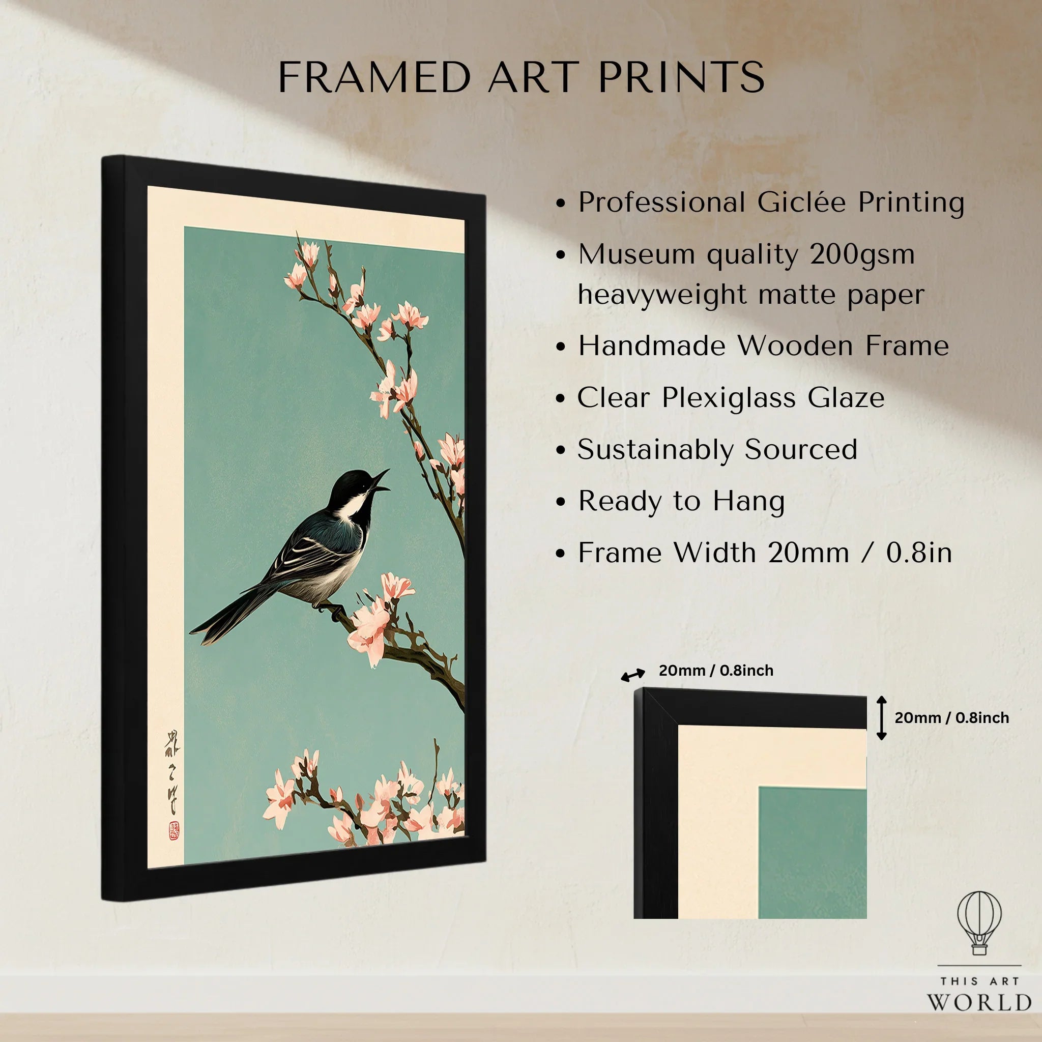 Japanese Bird & Blossom Art Print – Vintage Japan Wall Art — framed print details measurements quality details