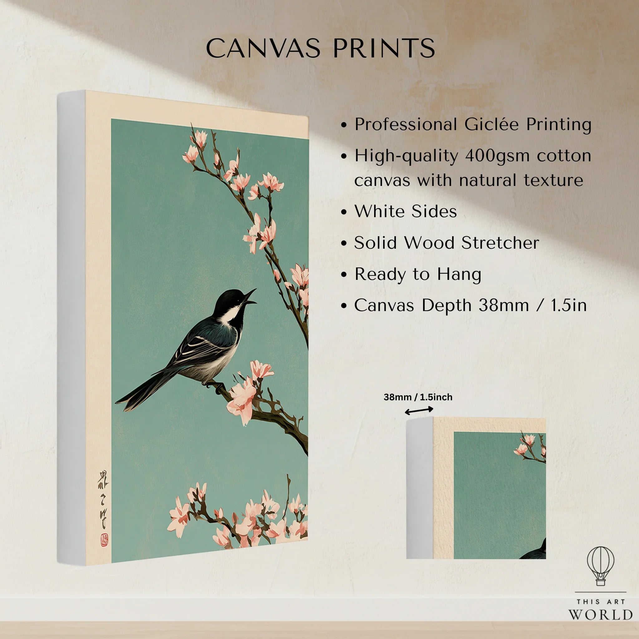 Japanese Bird & Blossom Art Print – Vintage Japan Wall Art — canvas print stretched cotton canvas details