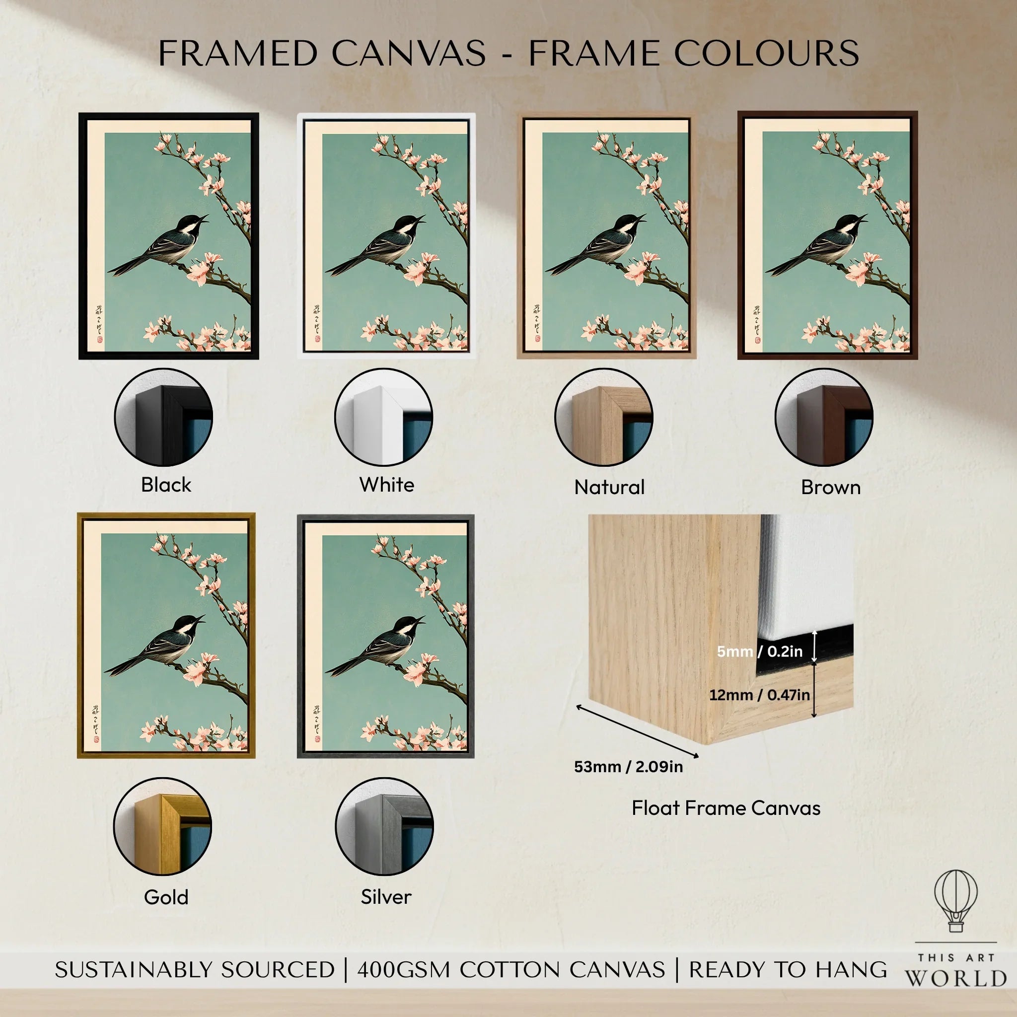 Japanese Bird & Blossom Art Print – Vintage Japan Wall Art — framed canvas float frame colour options