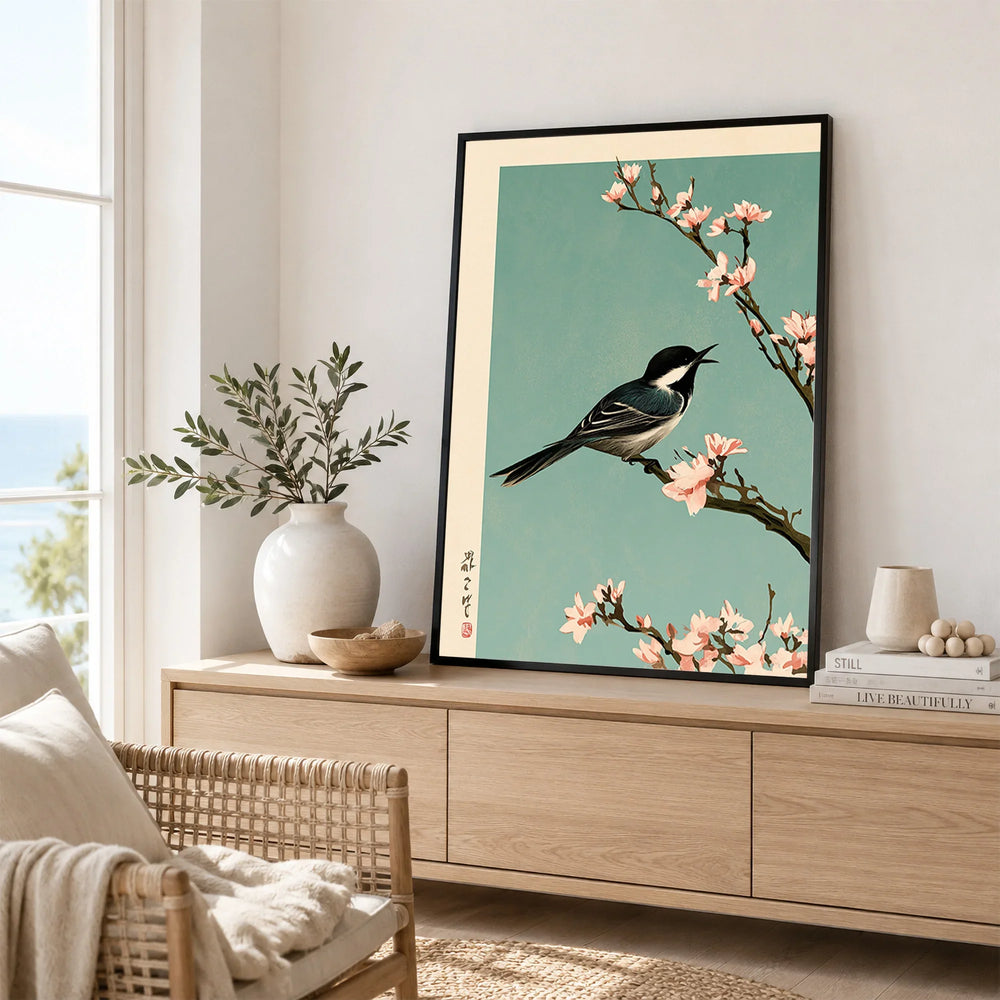 Japanese Bird & Blossom Art Print – Vintage Japan Wall Art — framed artwork living room lifestyle setting