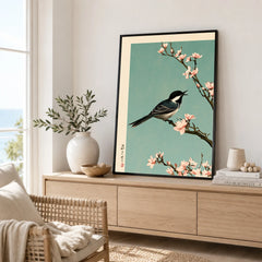 Japanese Bird & Blossom Art Print – Vintage Japan Wall Art — framed artwork living room lifestyle setting