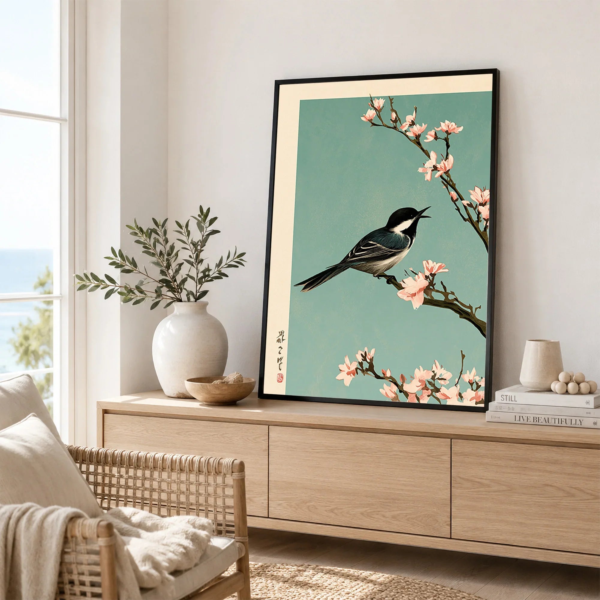 Japanese Bird & Blossom Art Print – Vintage Japan Wall Art — framed artwork living room lifestyle setting