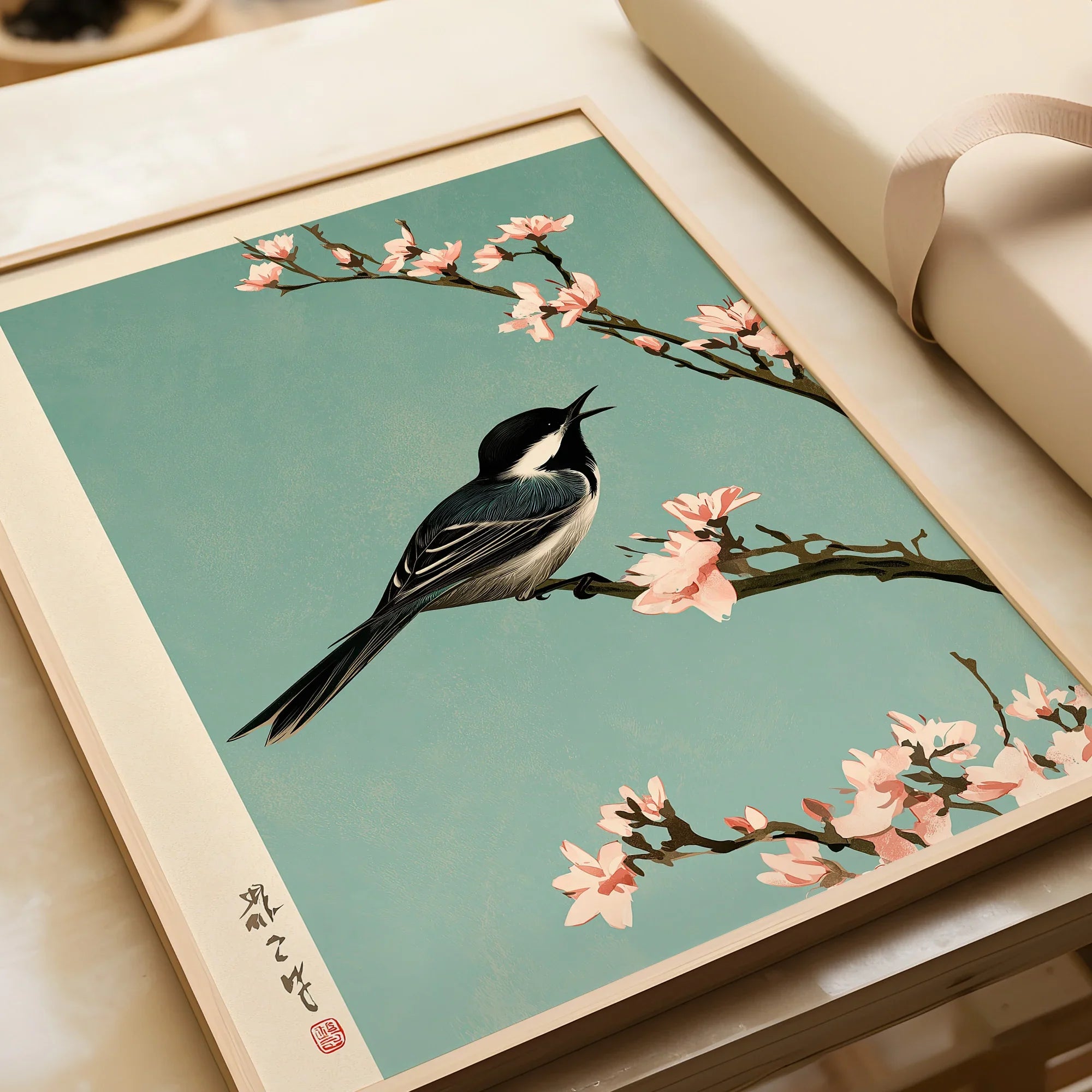 Japanese Bird & Blossom Art Print – Vintage Japan Wall Art — framed art print closeup gift unwrapped natural frame