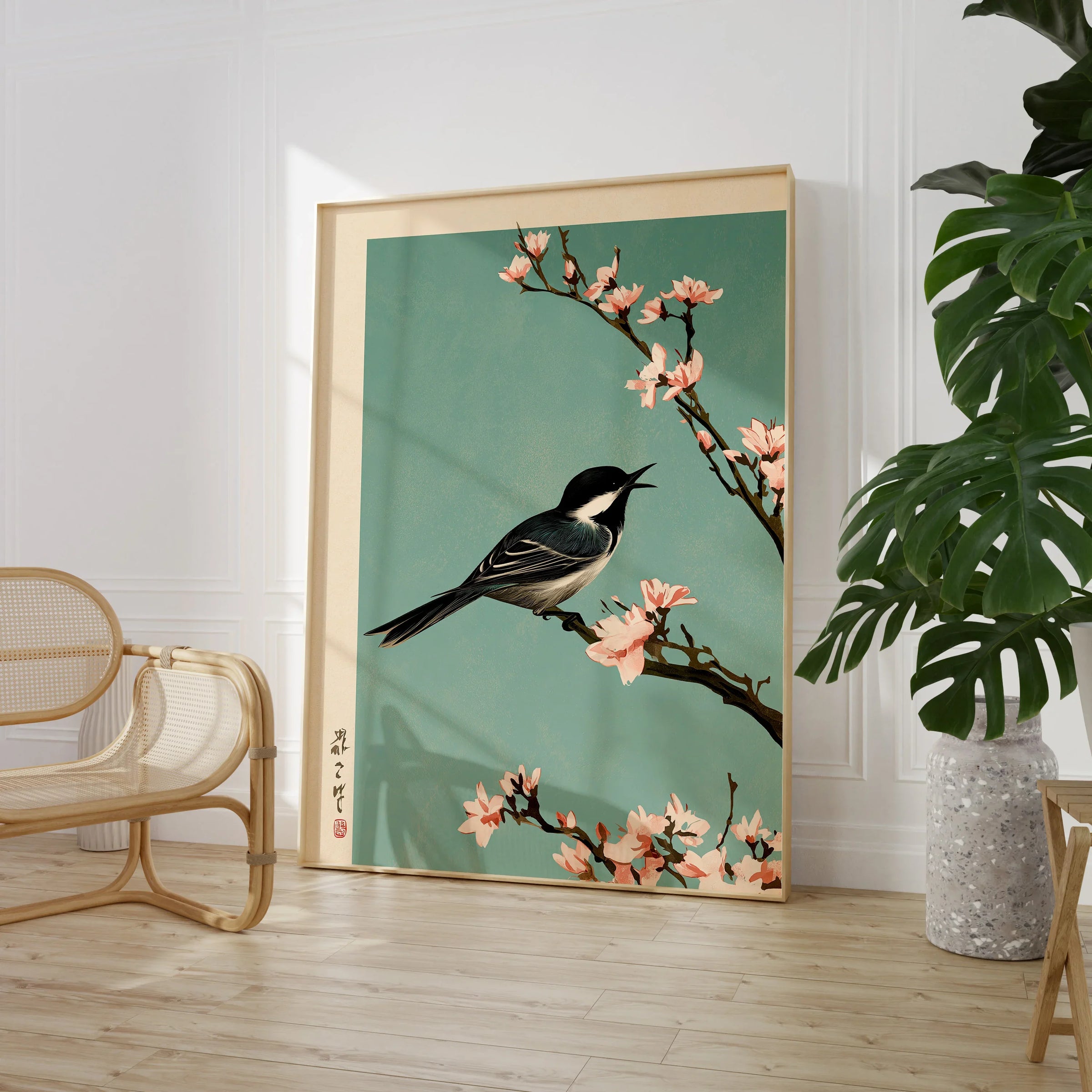 Japanese Bird & Blossom Art Print – Vintage Japan Wall Art — large framed print room setting chair plant