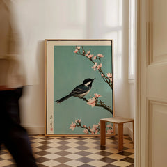 Japanese Bird & Blossom Art Print – Vintage Japan Wall Art — framed canvas on floor man walking past