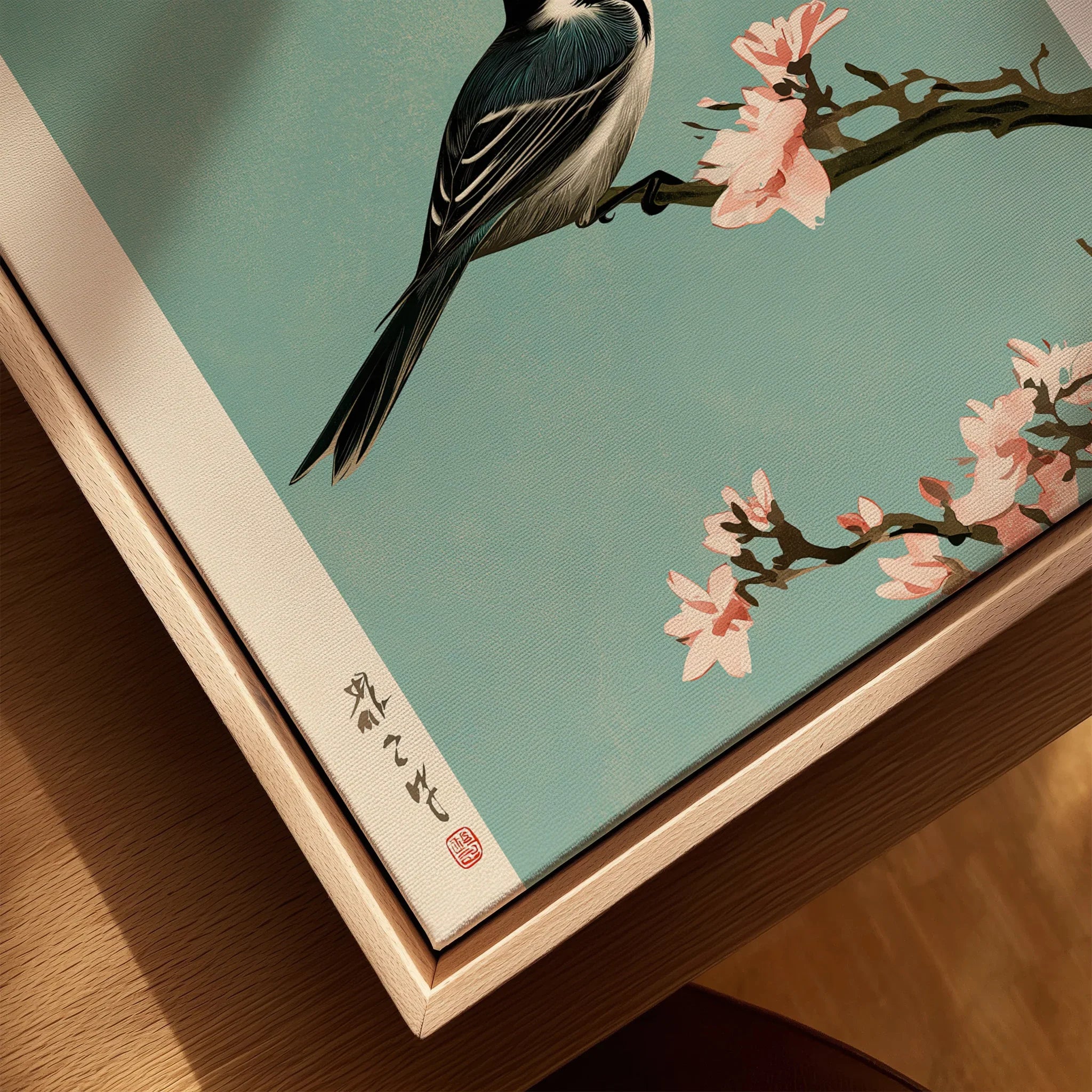 Japanese Bird & Blossom Art Print – Vintage Japan Wall Art — closeup framed canvas natural wood floating frame