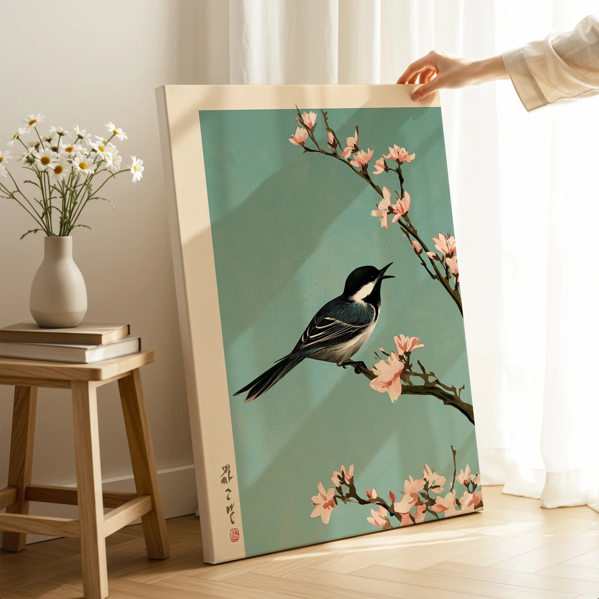 Japanese Bird & Blossom Art Print – Vintage Japan Wall Art — canvas print mirror edge hand holding room setting
