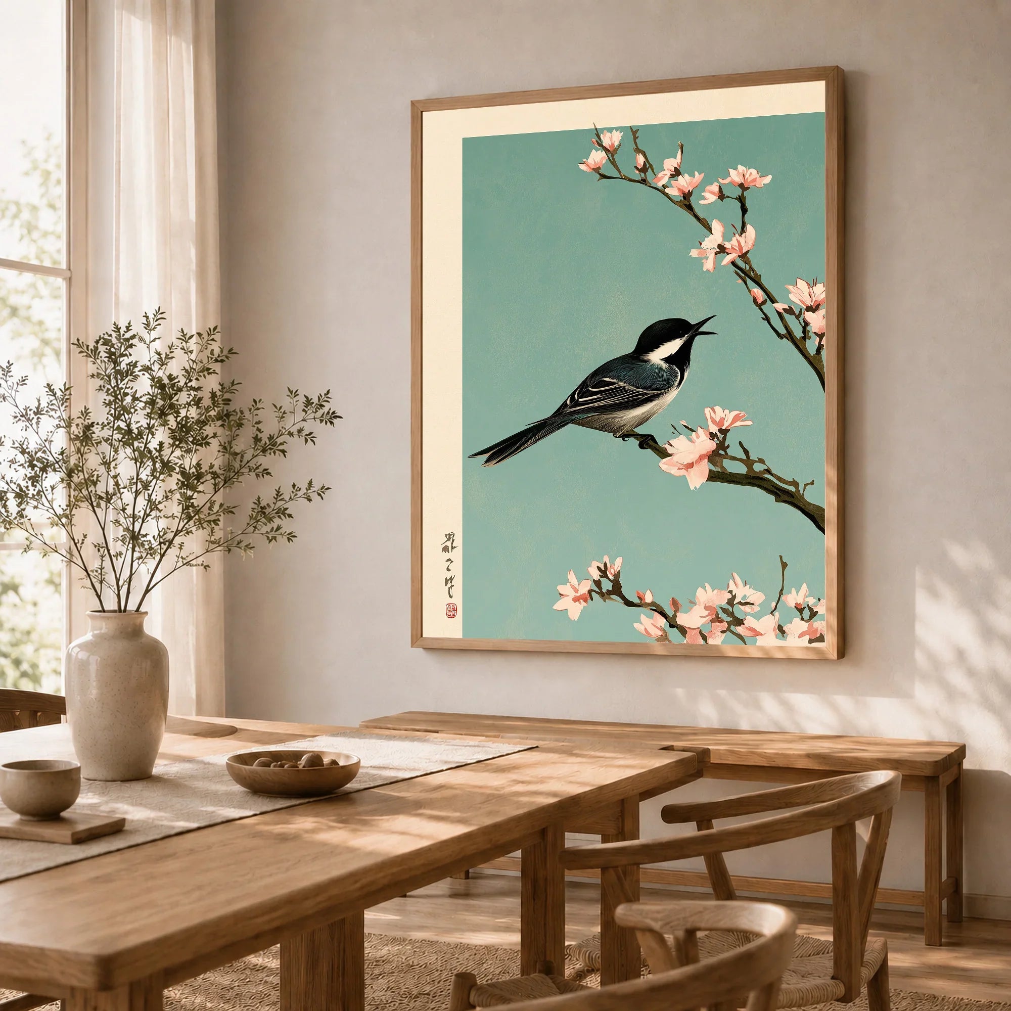 Japanese Bird & Blossom Art Print – Vintage Japan Wall Art — dining room framed print natural wood frame