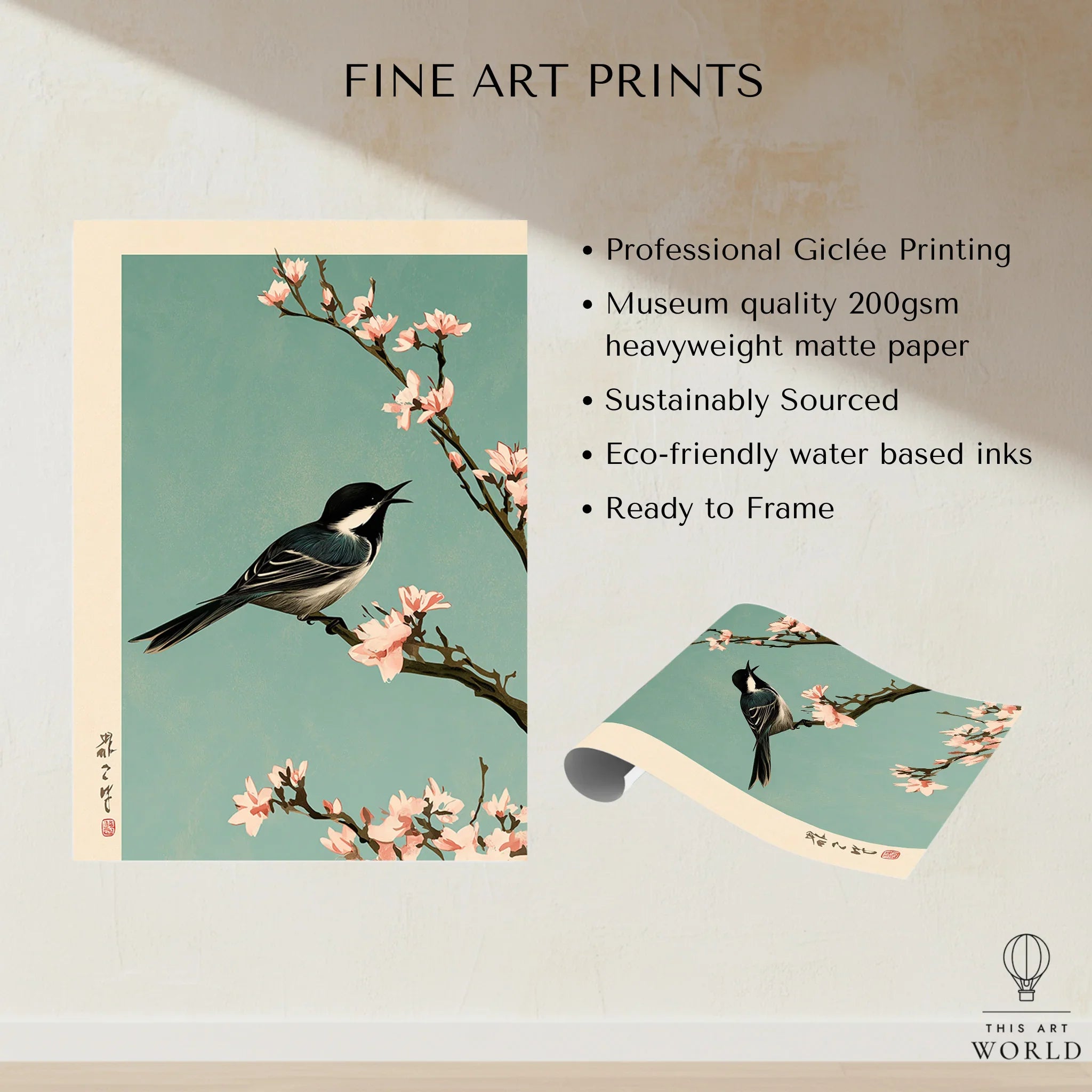 Japanese Bird & Blossom Art Print – Vintage Japan Wall Art — fine art print unframed quality details
