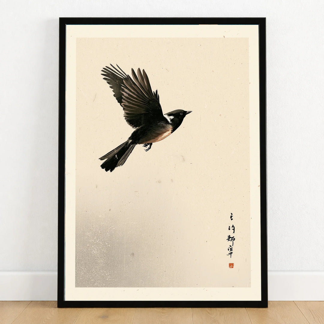 Japanese Bird Art Print – Vintage Japanese Wall Decor — art print in black frame on wooden floor
