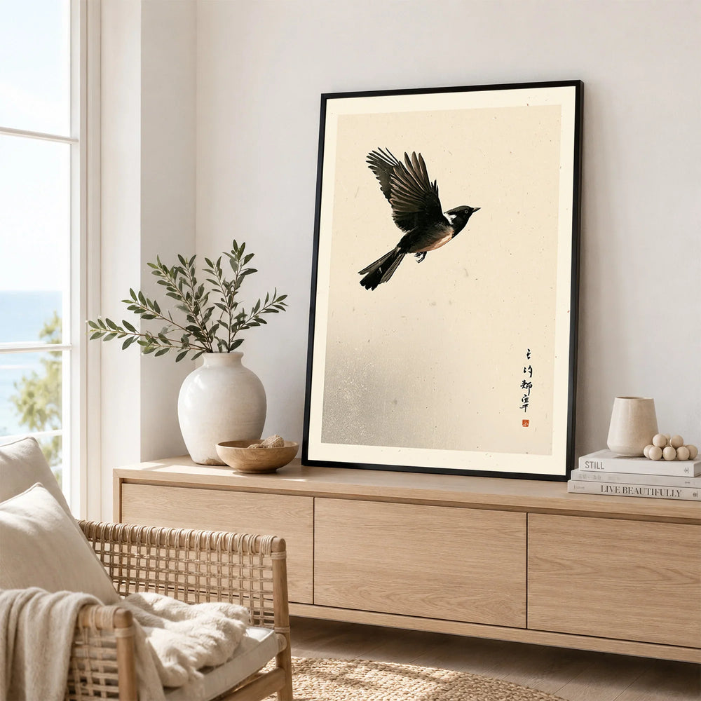 Japanese Bird Art Print – Vintage Japanese Wall Decor — framed artwork living room lifestyle setting