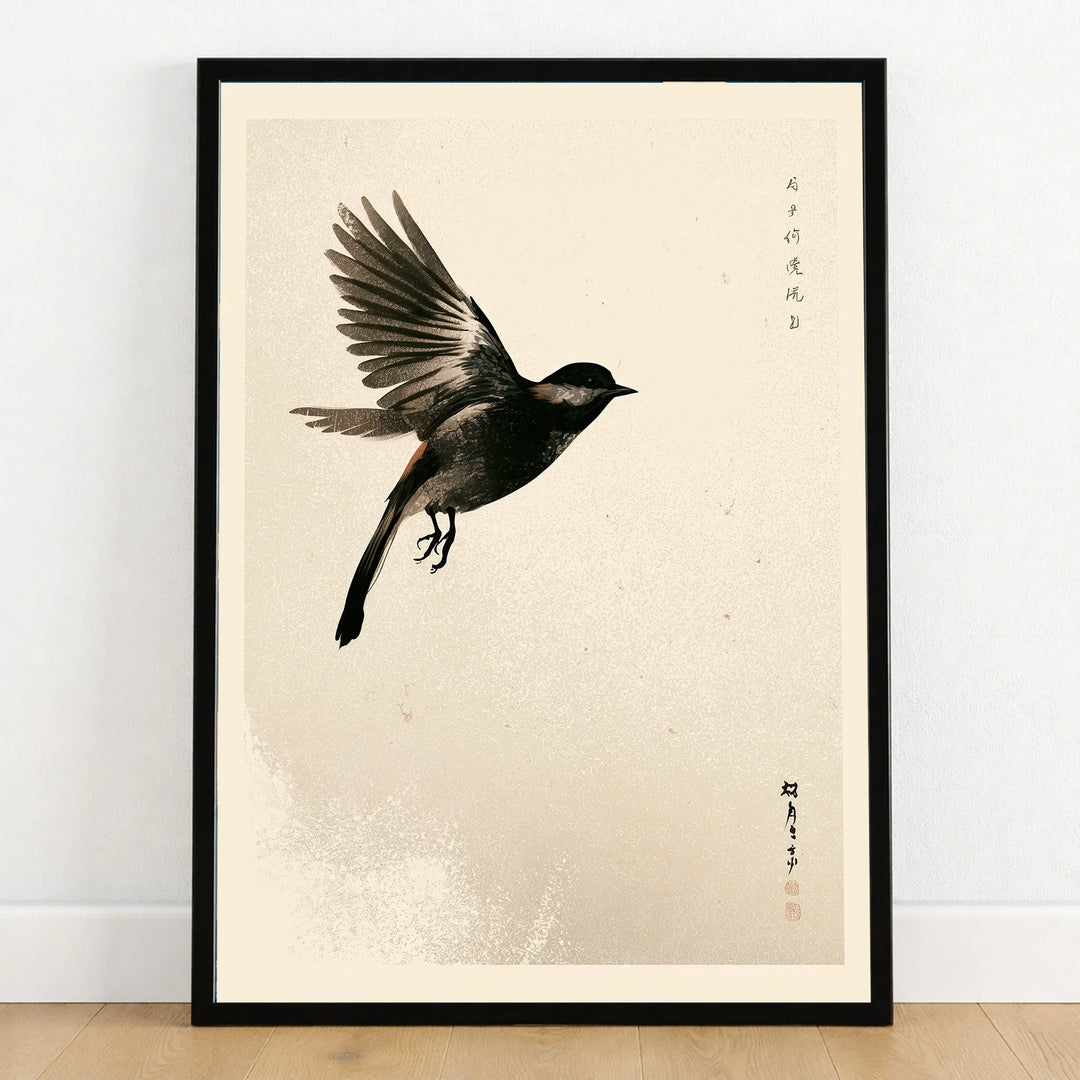 Japanese Flying Bird Art Print – Vintage Minimal Wall Art — art print in black frame on wooden floor