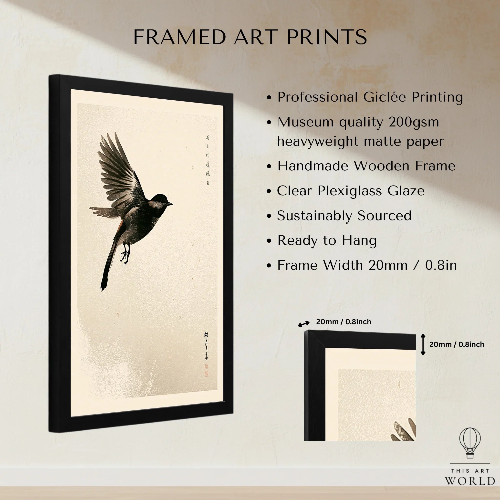 Japanese Flying Bird Art Print – Vintage Minimal Wall Art — framed print details measurements quality details