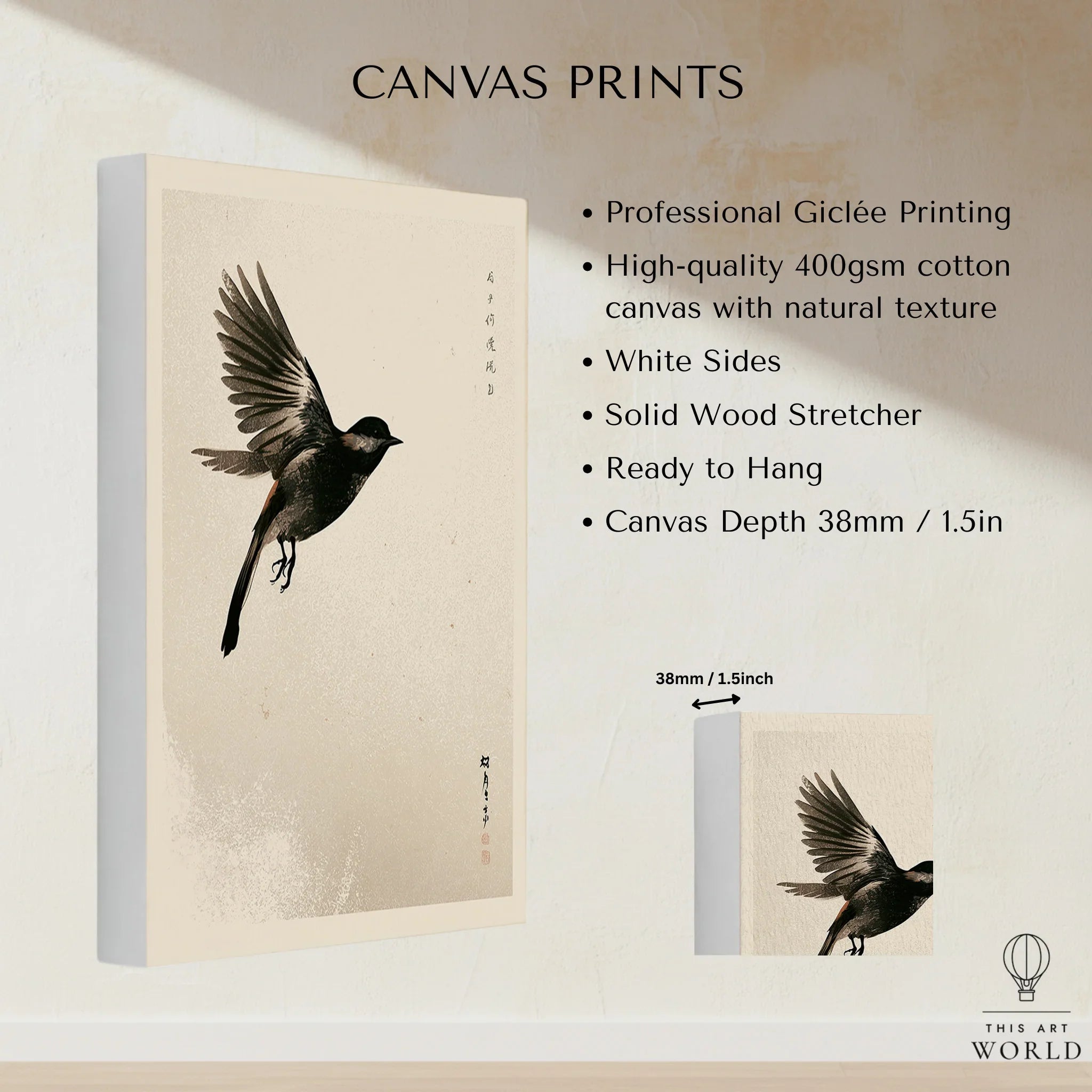 Japanese Flying Bird Art Print – Vintage Minimal Wall Art — canvas print stretched cotton canvas details