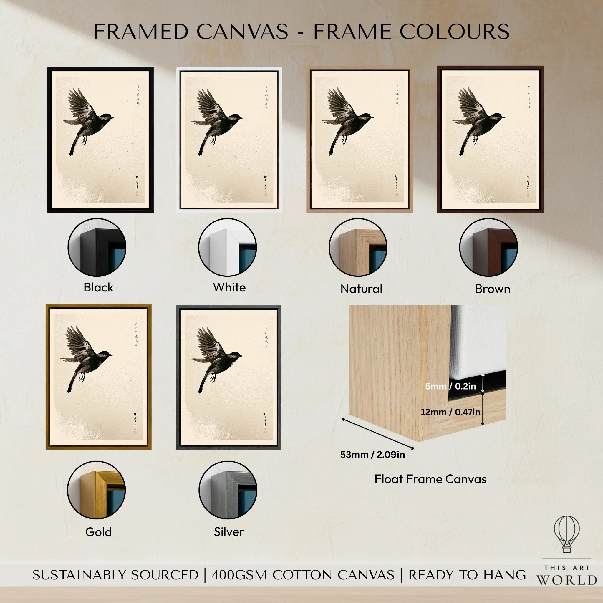 Japanese Flying Bird Art Print – Vintage Minimal Wall Art — framed canvas float frame colour options