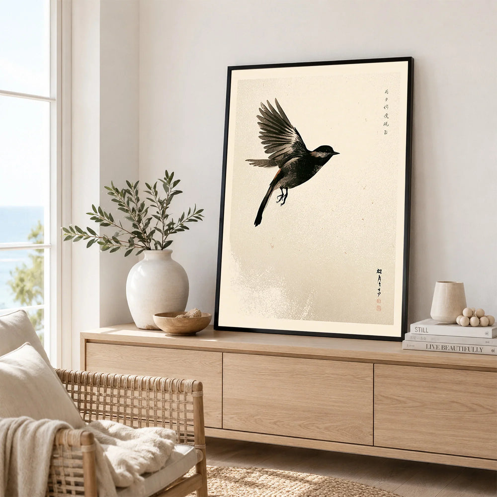 Japanese Flying Bird Art Print – Vintage Minimal Wall Art — framed artwork living room lifestyle setting