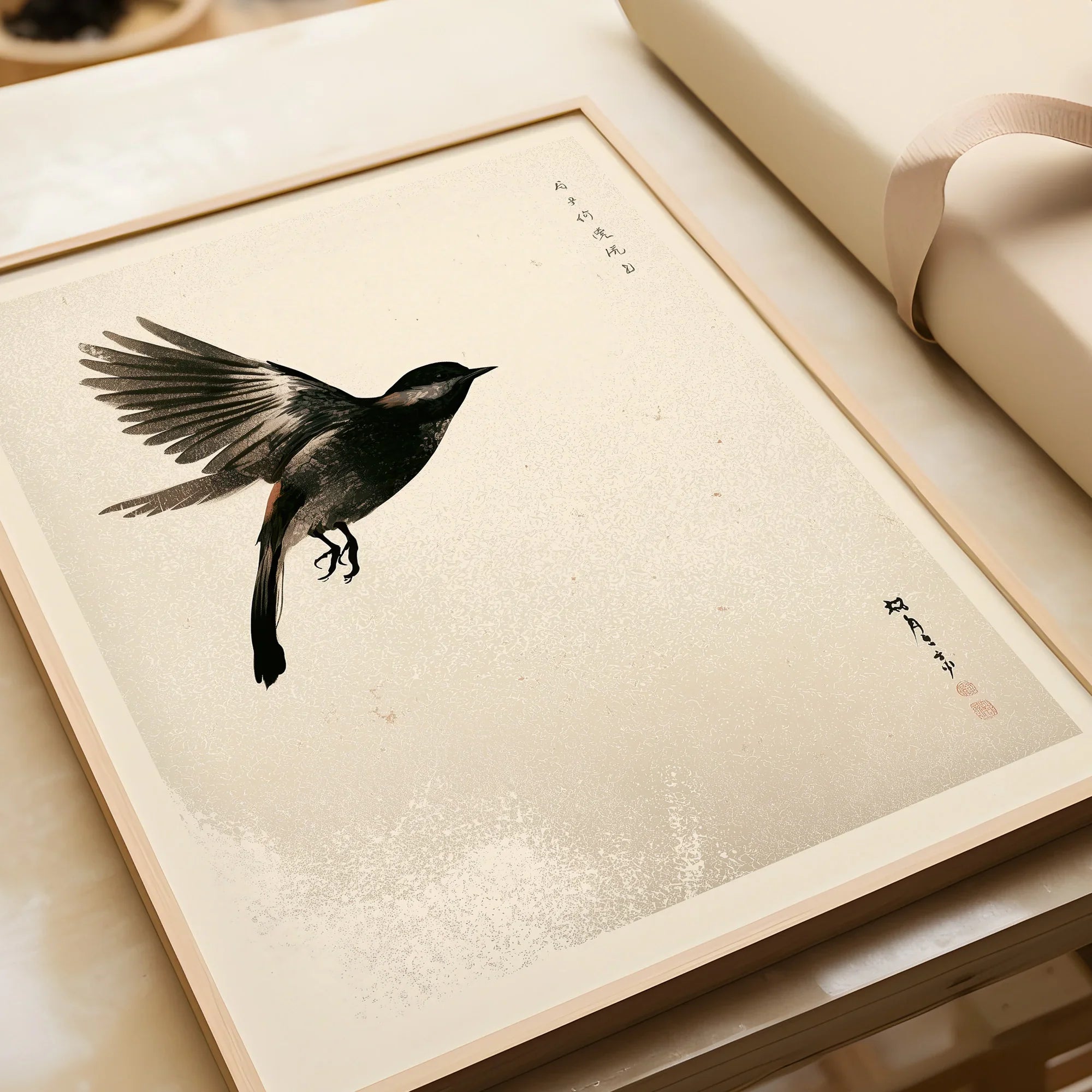 Japanese Flying Bird Art Print – Vintage Minimal Wall Art — framed art print closeup gift unwrapped natural frame