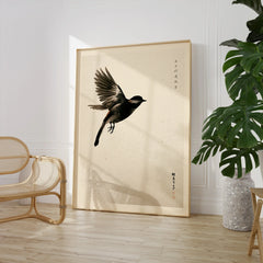 Japanese Flying Bird Art Print – Vintage Minimal Wall Art — large framed print room setting chair plant
