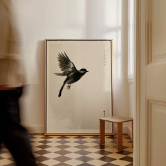 Japanese Flying Bird Art Print – Vintage Minimal Wall Art — framed canvas on floor man walking past