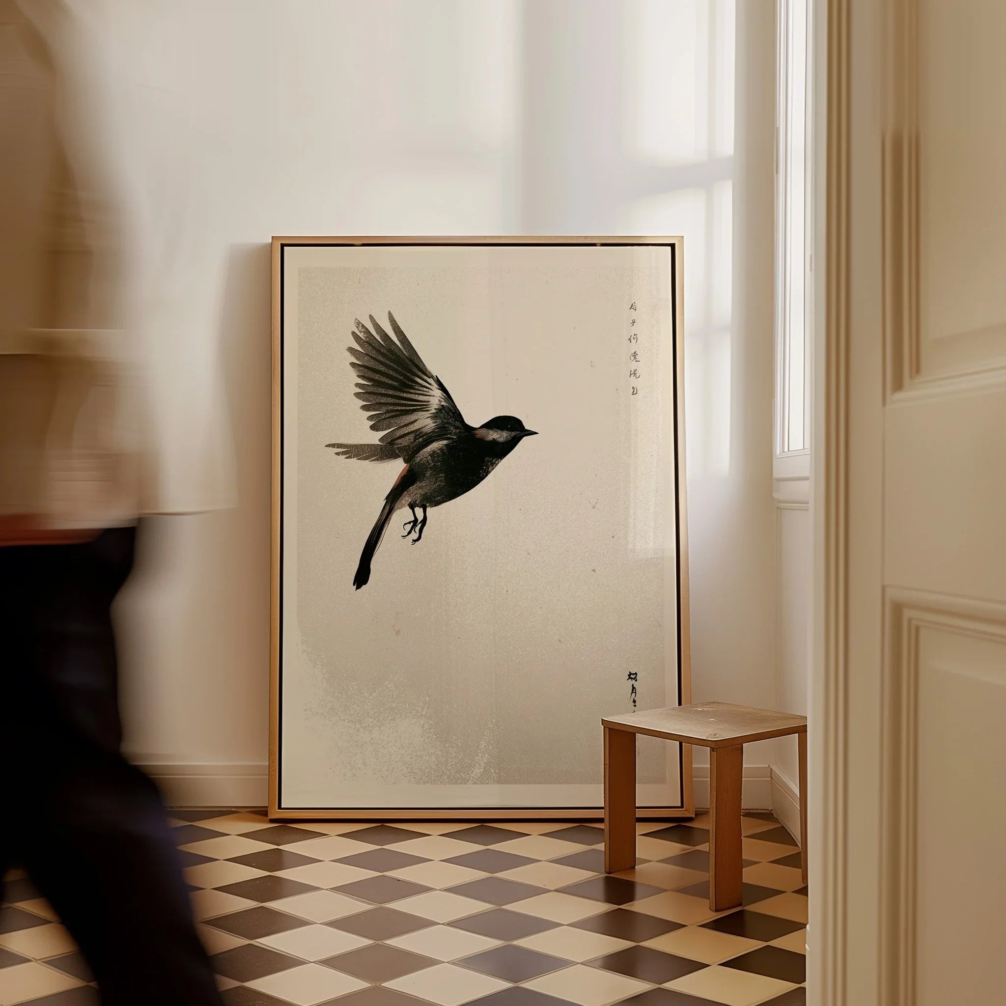 Japanese Flying Bird Art Print – Vintage Minimal Wall Art — framed canvas on floor man walking past