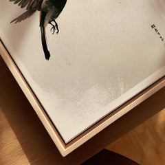 Japanese Flying Bird Art Print – Vintage Minimal Wall Art — closeup framed canvas natural wood floating frame
