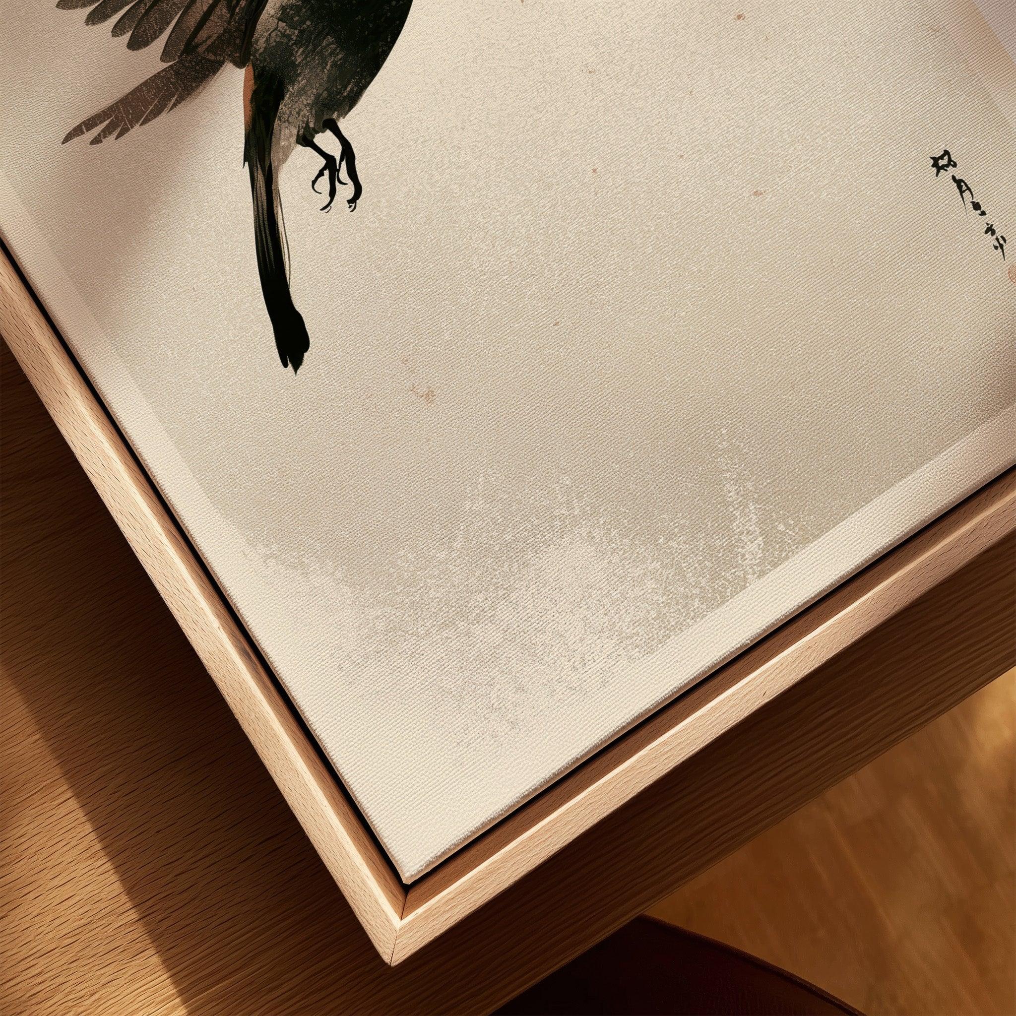 Japanese Flying Bird Art Print – Vintage Minimal Wall Art — closeup framed canvas natural wood floating frame