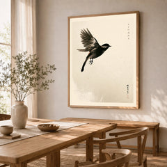 Japanese Flying Bird Art Print – Vintage Minimal Wall Art — dining room framed print natural wood frame