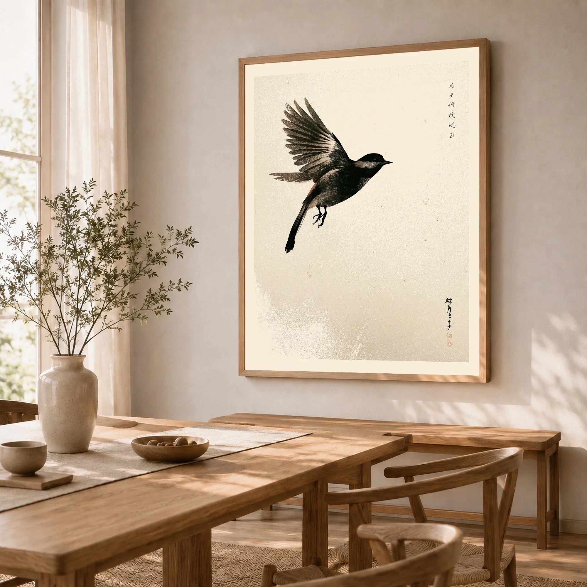Japanese Flying Bird Art Print – Vintage Minimal Wall Art — dining room framed print natural wood frame