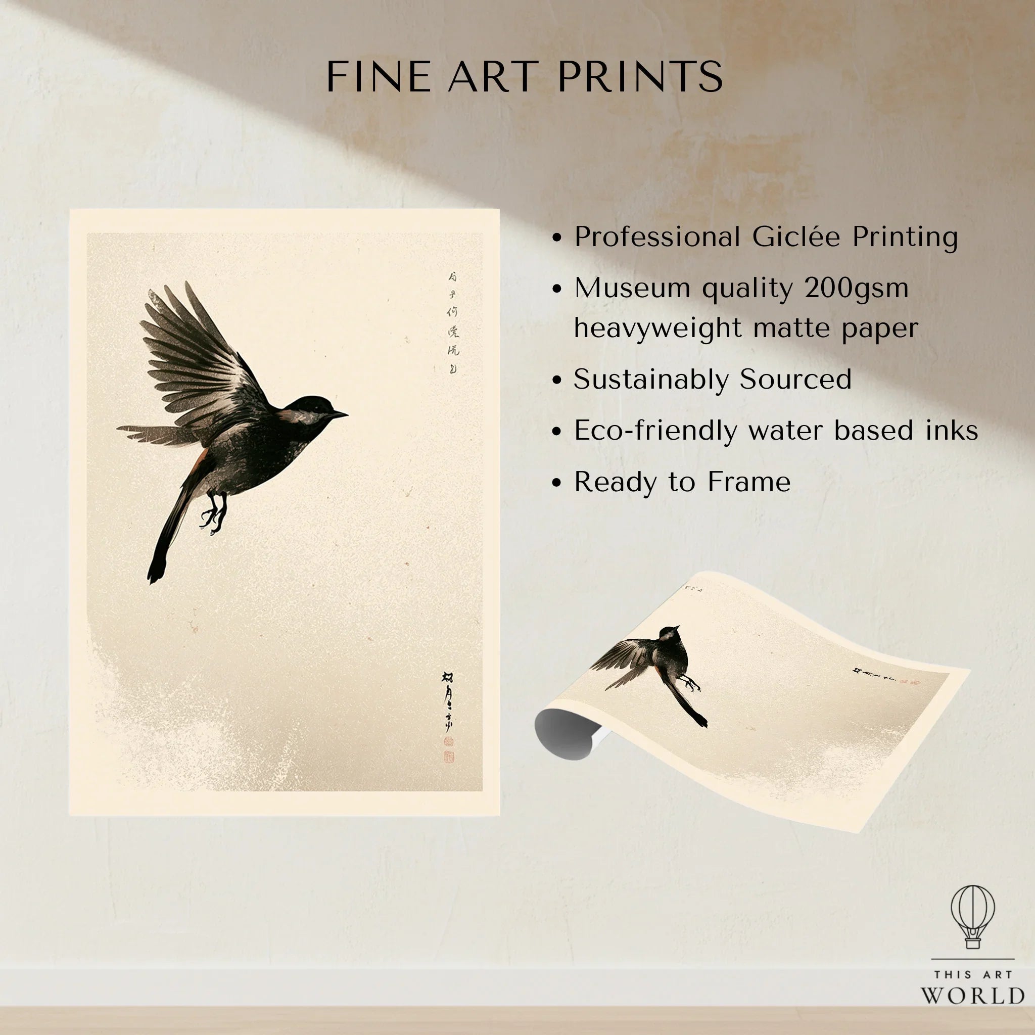 Japanese Flying Bird Art Print – Vintage Minimal Wall Art — fine art print unframed quality details